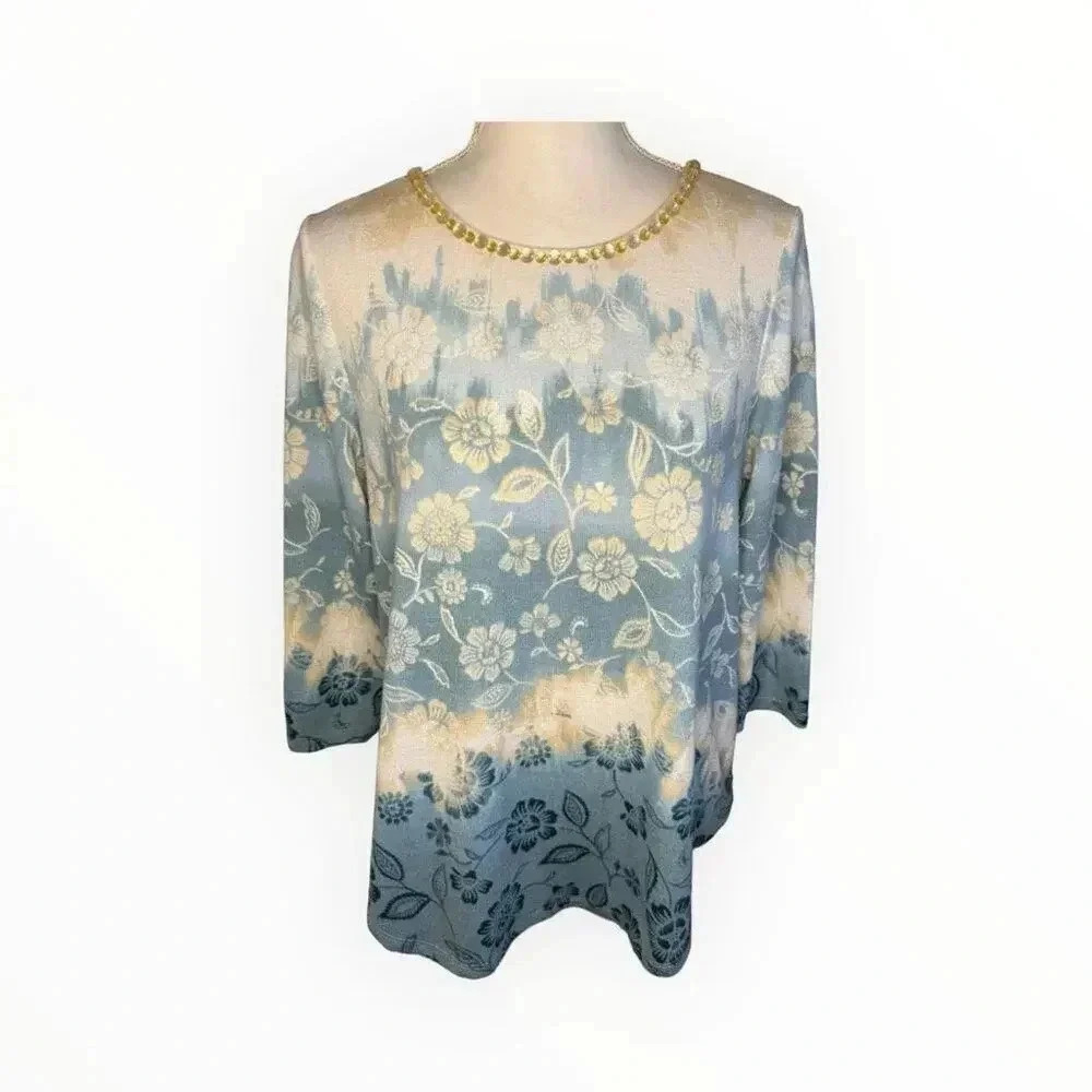 Ruby Rd Women's Petite Medium Apres Ski Dip Dye Floral Scoop Neck Top